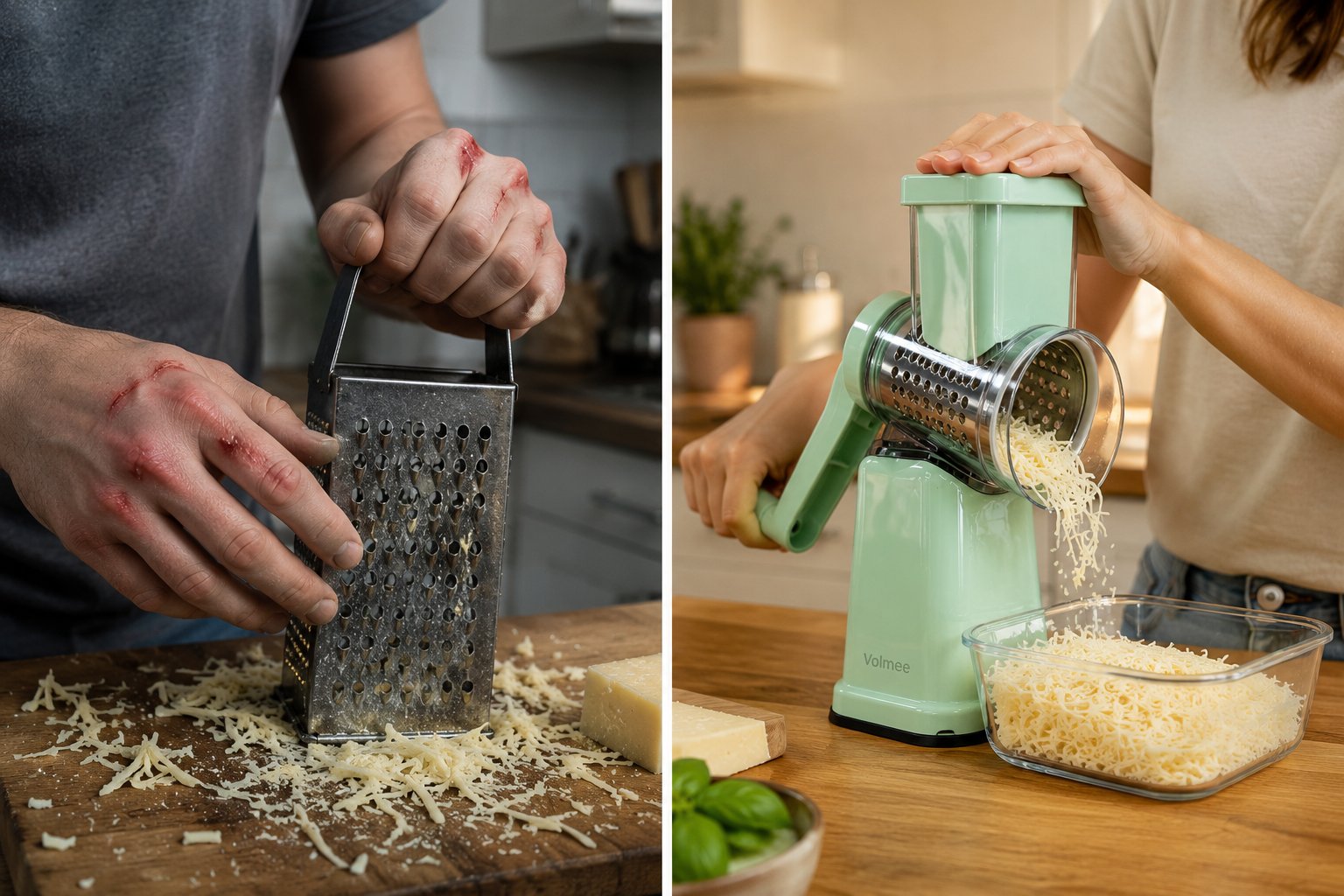 Scraped knuckles with a box grater versus safe, clean grating with Volmee