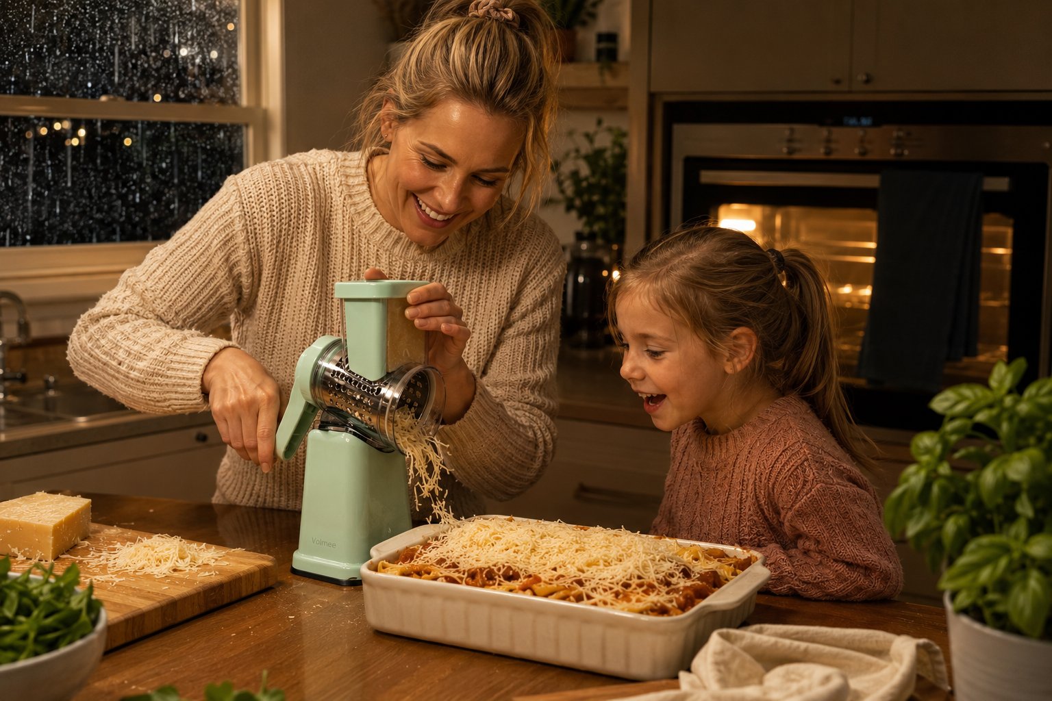 Mother and daughter cooking with the Volmee grater