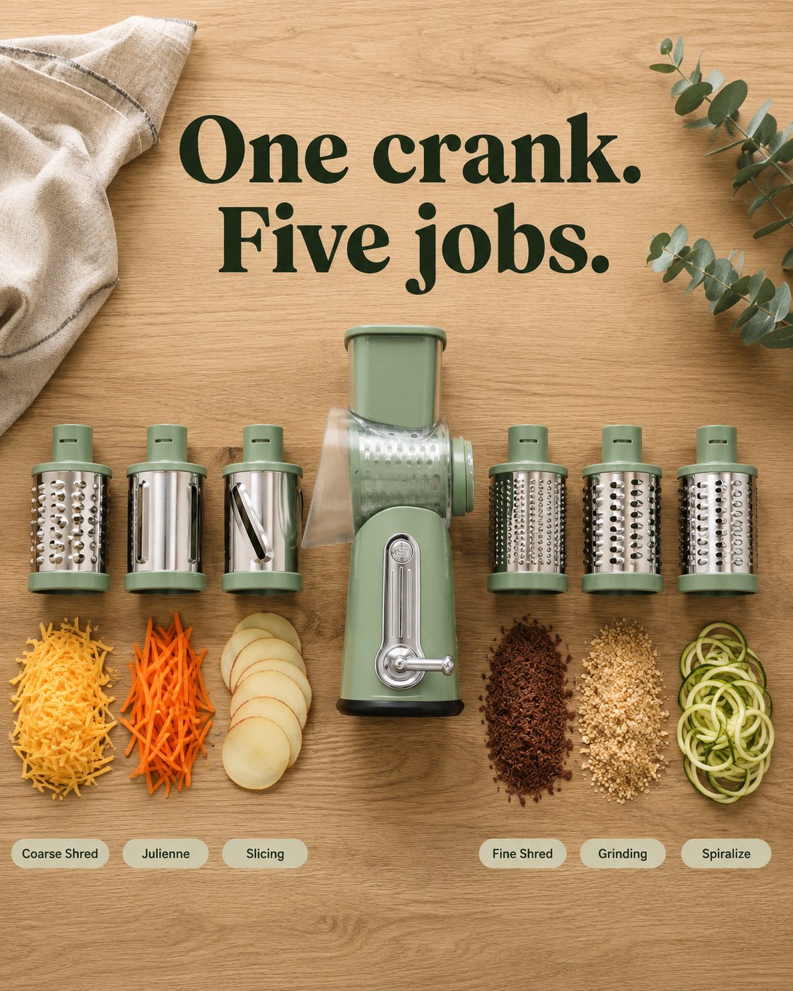 One crank, five jobs — six blade functions