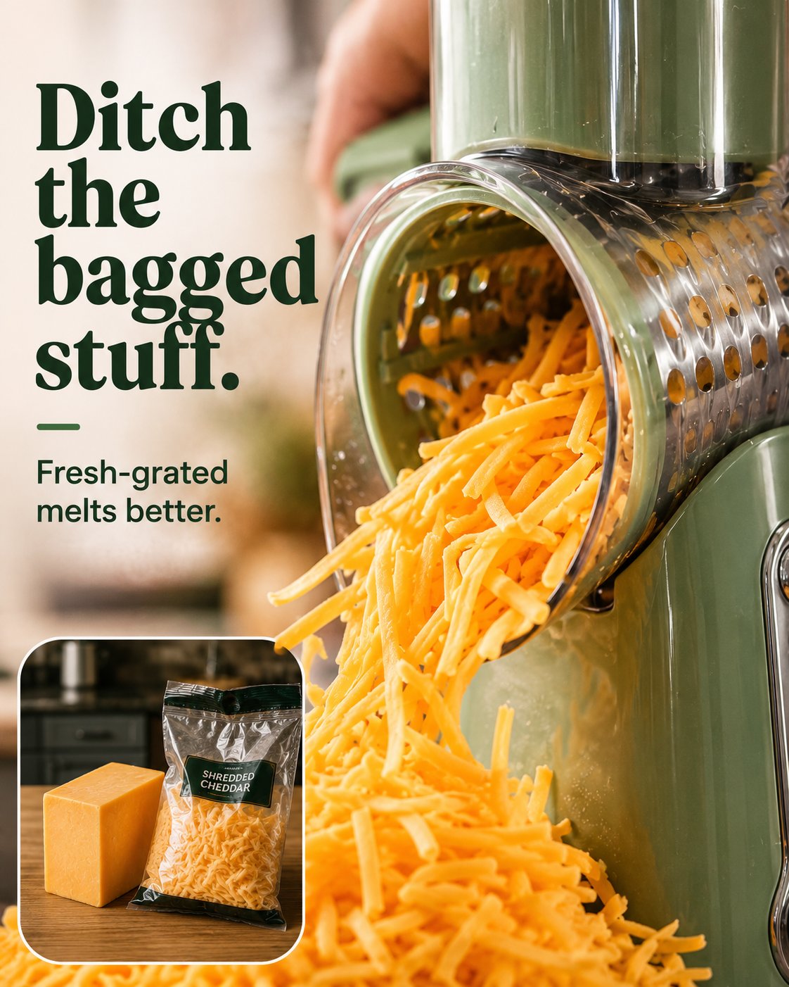 Ditch the bagged stuff — fresh-grated melts better